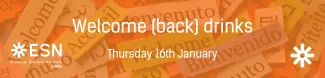 Text reads "Welcome back drinks" on an orange background with ESN UofG logo and ESN star logo.