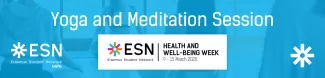 Texts reads "Yoga and meditation session" on a blue background with ESN logos. 