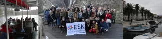 There are three pictures in a row. On the left one you can see some people sitting on a ferry, enjoying the view, while the boat is meandering along in the river. In the middle one you can see all participants of the trip coming together for one picture with the ESN flag of our section displayed in the middle, while in the background there is a picturesque winter landscape, protruded by a mighty waterfall. On the right side there is a picture of an empty harbour promenade in the city of Split.