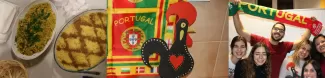 There are three pictures in a row. On the left you an see some typically Brazilian and Portuguese food that we prepared ourselves. The middle picture dispays a square version of the Portuguese flag with a handmade and coloured cardboard cut out of the Rooster of Barcelos in front. On the right there are five people, smiling and squeezing together for a picture with one person in the back holding up a red-green scarve, on which it says Portugal.
