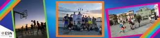 A panoramic banner of the evemt, with erasmus students and ESNers playing basket, and a photo with the ESN flag