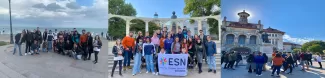 group photo of erasmus students in front of historical buildings