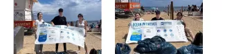 A collage of two pictures showing the three coordinators in the beach holding the Surfrider Foundation's poster and the litter boxes on the floor.