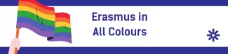 Drawing of a hand holding a rainbow flag, next to the event's title "Erasmus in All Colors"