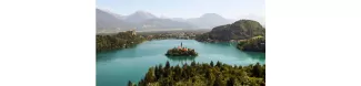 view on the lake Bled with the island and the church on it