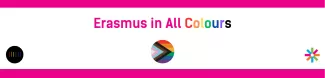 Multicolour "Erasmus in All Colors" title, under that Spektrum, LGBTQ+ Progress Flag and ESN Flag logos in small circles