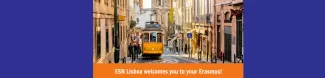 Image of a streetcar in Lisbon and some text that welcomes Erasmus to Lisbon