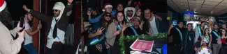 On the picture you can see three scenes.. In the first picture a guy wearing a white Christmas hat is dancing while a girl is filming him on her phone. The second picture displays a group of people, some of them being board members of ESN Mechelen. The last picture is a picture of only the board before the party.