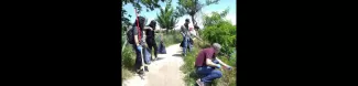 In the image you can see four participants of the acitvity and a collaborator cleaning up the river, near its shore, using gloves, grippers and bags.