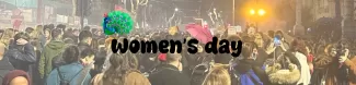 The image presents many people at the women's march, the writing "women's day" and a peacock on the writing