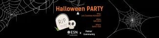 Announcement for the halloween party. there spider webs around the picture, while a tombstone and an animated skull lie in the center