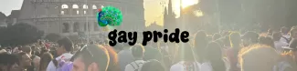 The image presents many people at the gay pride, the writing "gay pride" and a peacock on the writing