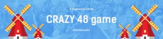 A vibrant blue poster featuring the event's title, "Crazy 48 game," boldly displayed in the centrum. Above the date, "1 September," is prominently featured, along with the event location, "Grotemarkt." Scattered across the poster are playful illustrations  and engaging visual element to the design.
