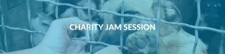 With the light blue ESN colour there's a cute puppy behind a fence. Two hands are reaching through the fence petting the puppy. Charity jam session is written across the header.