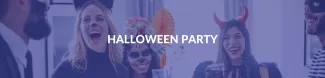 A group of people wearing Halloween costumes are in the back, faded behind the dark blue ESN colour. Halloween party is written in the middle of the picture.