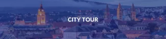 The city of Pécs is visible faded away on ESN's dark blue background. City Tour is written in the middle of the picture.