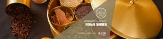 Indian spices in golden tones. Title saying Indian dinner and most important facts such as time and place for the event and the ESN logo