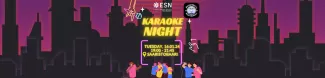A text Karaoke Night Tuesday 16.01.24 19:00-21:45 Saaristobaari on a background of black and purple city. Characters singing karaoke.