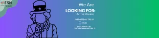 A blue-green background and white text saying "We Are LOOKING FOR: ACTIVE MEMBER, wednesday 7.02.24 19:00 Geologicum (Tuomiokirkkotori 1)