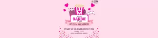 Movie related items on a pink background. A text movie Barbie night 3e ESN member starts at 18 (entrance 17:30) Friday 16.02 Arken auditorium armfelt