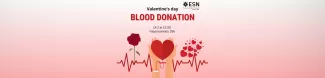 hands holding a heart shaped blood bag. On a pink background an electrocardiograph, a red rose and a cloud of red hearts. A text Valentine's day blood donation 14.2 at 15:00 Yliopistonkatu 29b.