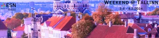 A picture of Tallinn with a blue-purple hue. Text Weekend@Tallinn 2.2-4.2. and ESN Åbo Akademi logo