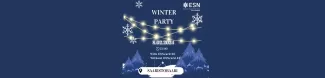 Spruces, snow, fairy lights and snowflakes on a deep blue background. A text "Winter party Saaristobaari 8.02.2024 with ESNcard 3e without ESNcard 4e"