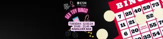 A black background on where a text "Sex Toy Bingo Tuesday 12.03, 19-21:45" with bingo sheets and sex toy images.
