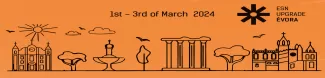 Banner with the event name and dates, in a background of orange with the silhouette of Evora's iconic monuments in black.