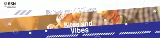 An image depicting 2 people holding meat and vegetable skewers with a title "Bites and Vibes", along with various dark blue and white elements
