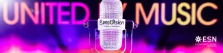 Picture of the cristal trophy of the winner of Eurovision 2024 with a background that says "United by music"