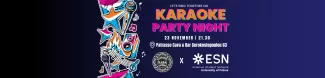 announcement for the karaoke night, several icons and shapes in front of a blue background