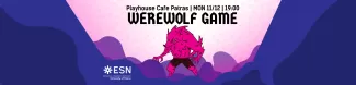 There is a werewolf in the middle of the picture that has magenda fur and all around there are shapes of dark blue and light pink