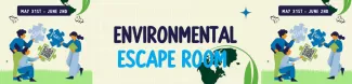 Banner saying "Environmental Escape Room" in blue letters and clipart of people with puzzle pieces saying "Book now"