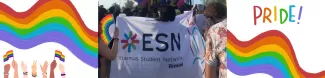 Woman walking in the middle of the parade with the ESN Rimini flag on her shoulders; on the side of the photo there are some graphic elements related to the Pride theme.