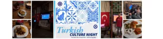 Collage of pictures taken during the Turkish Culture Night: MO presenting, food served etc.