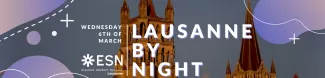 Image of the city of Lausanne by night with the name and date of the event written on top