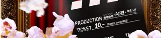 This image has a golden ornate frame surrounding a red curtain as the background. The word "CINEMAD" is written in the middle. A clapperboard is in the foreground with ticket details. Popcorn is scattered at the bottom, adding a movie-theater vibe.