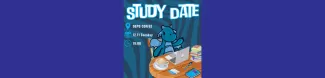 The event announcement photo which features the section's mascot sitting on a table with a laptop, cup of coffee, and other study essentials.