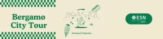 Image in green and white colors. Title: Bergamo City tour. ESN Bergamo logo and a little drawing of Città Alta, Stracciatella ice cream and some funny symbols.