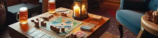 AI image of a board game evening in a hut in winter.