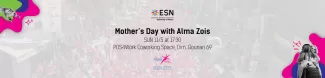 Announcement of the celebration of mothers' day in the certain of the page, blury background, ESN's logo above the letters and alma zoi's logo bellow the letters