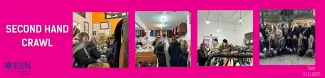 Promotional banner for the "Second Hand Crawl". The graphic features four photographs: three interior shots showing students browsing racks of clothes inside brightly lit thrift stores, and one exterior shot showing a large group of students posing together outdoors in a city square.