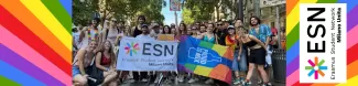 ESN volunteers posing for a picture at Milano Pride with ESN Milano Unita flag