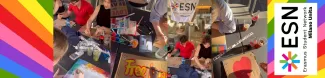 pictures taken during the poster making session showing Erasmus students and ESN volunteers creating their posters for Milano Pride 2025
