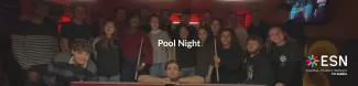 A group of young adults gather around a pool table, smiling and holding cues. The setting is dimly lit with a warm atmosphere. Text reads "Pool Night" with the ESN TU Dublin logo.