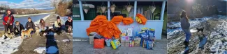 In the image there are three pictures, two with people with dogs on a walk, and one of all the material donations we brought to the shelter.